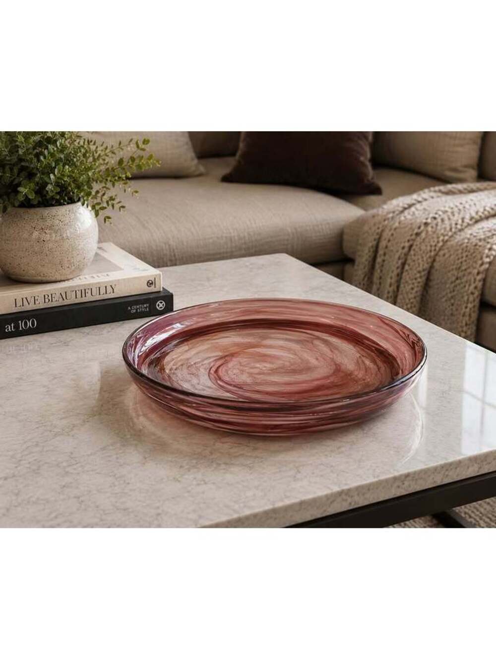 Large Hand-Blown Studio Art Glass Charger Plate – 13" – Mauve Smoke Swirl